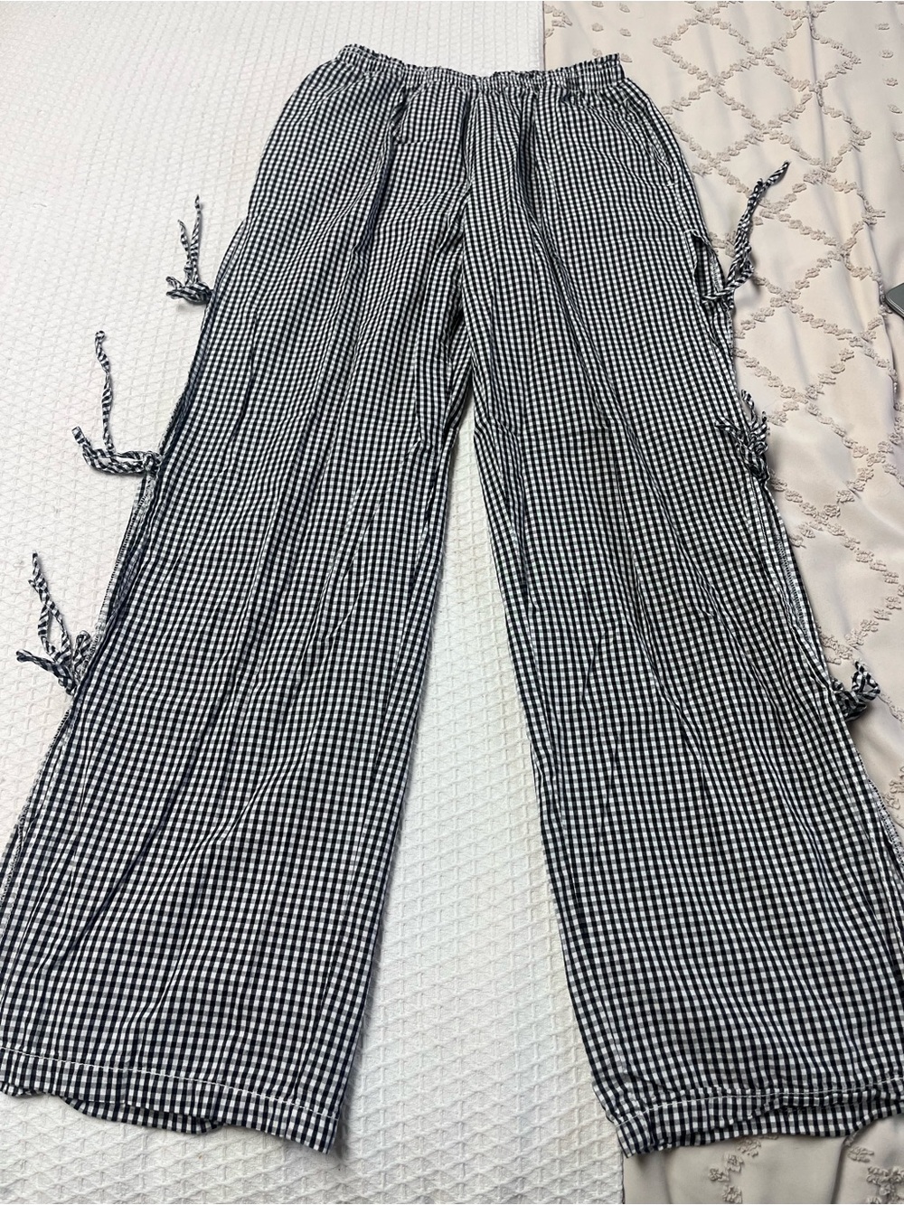 Cotton Black & White Gingham Wide Leg Tie-Detail Pants